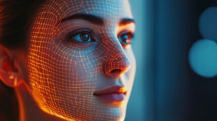 Poster - Woman face being scanned by facial recognition software detecting identity