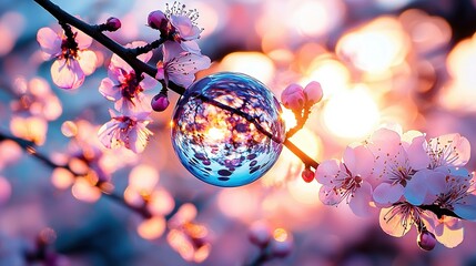 Wall Mural -  A glass ball rests on a tree branch against a sunny sky