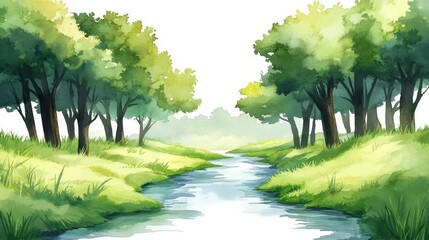 Wall Mural - A collection of watercolors depicting a peaceful river meandering through a verdant forest, embodying nature's tranquility, presented as a minimalist clipart with a white background