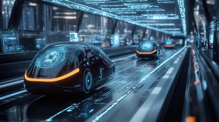Poster - Self driving cars moving on a futuristic highway in a cyberpunk city, showcasing advanced technology, automation, and the future of transportation with glowing lines and digital data