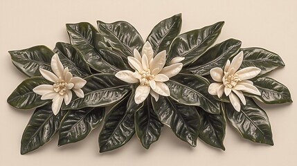 Canvas Print - Three White Petal Flowers With Green Leaves Arranged Artistically In Decorative Layout On Plain Background.