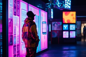 Wall Mural - Person looking at glowing wall panels in darkness.