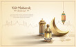 © Artnavoner - islamic greetings eid mubarak template design with islamic decoration, crescent moon and lanterns