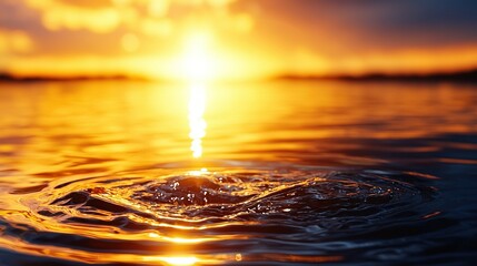 Wall Mural - a detailed image of a solitary droplet of water against an orange sunset with white cloudscapes in t