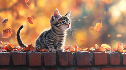 Canvas Print - Tabby kitten sitting on a brick ledge with autumn leaves and warm background light. Gilded Ridge. Illustration