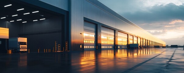 Poster - Modern logistics center with trucks parked outside at sunset