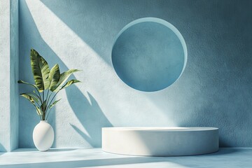 Sticker - The stock photo depicts a 3D interior corner wall room featuring a blue abstract window light stage, an empty product studio showroom display, and a blank presentation podium pedestal, resulting in a