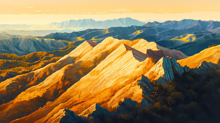 Wall Mural - aerial view of golden hour light on dramatic mountain ridges. gilded ridge. illustration