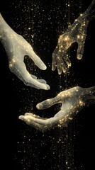 Poster - Two hands reach out toward each other, shimmering with a cosmic glow, symbolizing a connection of neurons. The dark background enhances the vibrant energy surrounding them