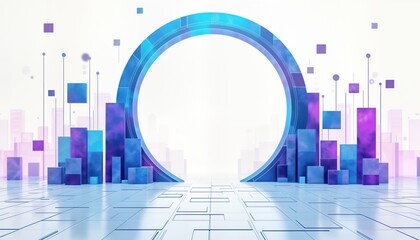 Aufkleber - Futuristic digital illustration displays high tech design. Abstract background features blue purple squares, half circle. Empty space for text. Modern tech pattern. Empty design for product. Bright,