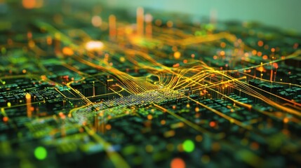 Poster - complex network of interconnected lines and nodes illuminating a futuristic cityscape, symbolizing d