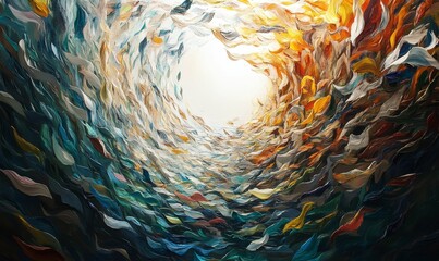 Wall Mural - Abstract, swirling painted shapes in blues, yellows, and whites.