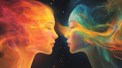 Poster - Two faces with fiery, flowing hair touch gently.