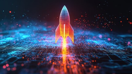 Poster - Glowing low poly rocket launching from futuristic circuit board with bokeh effect, representing business startup, innovation, and technological advancement