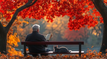Leinwandbilder - An elderly man reads a book seated on a bench in a park. A cat rests nearby as colorful autumn leaves create a serene atmosphere and warm sunlight filters through the trees.