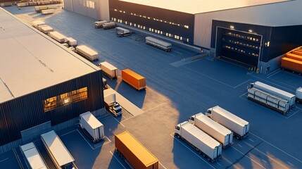 Poster - Logistics center with trucks loading and unloading at sunset