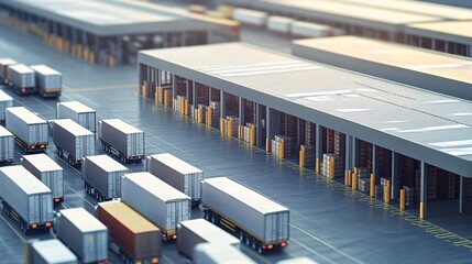 Poster - Logistics center with many trucks waiting for loading unloading at ramp