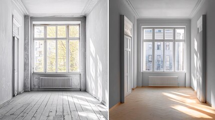 Aufkleber - Empty room before and after renovation with new floor, walls and moldings showing the difference
