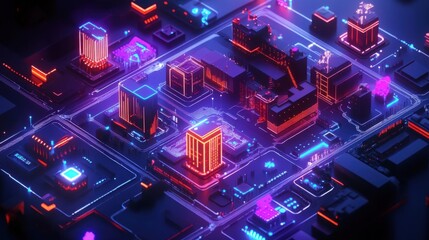 Poster - Glowing neon skyscrapers rise from a complex microchip, creating a futuristic cityscape that represents the integration of technology and urban life in a visually striking digital world