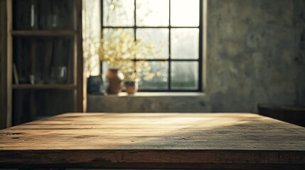 Poster - Empty wooden table illuminating by sunlight from window in living room