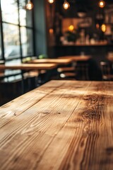 Poster - Empty wooden tabletop standing inside modern cafe