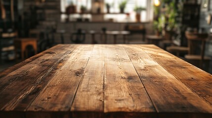 Wall Mural - Empty wooden tabletop with blurred restaurant background