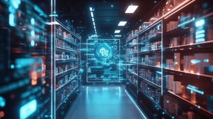 Wall Mural - Futuristic retail store aisle is being managed by an advanced inventory system, optimizing stock levels and enhancing the shopping experience through digital innovation