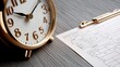 © VisionaryVibe - Gold clock next to clipboard with timesheet, on gray wooden surface