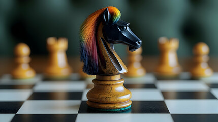 Colorful knight chess piece on board, strategy game