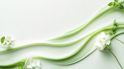 Poster - Elegant floral design with soft green waves and white blossoms on a light background