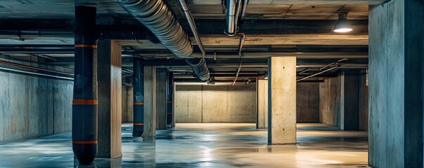 Poster - Empty parking garage showing exposed ventilation system