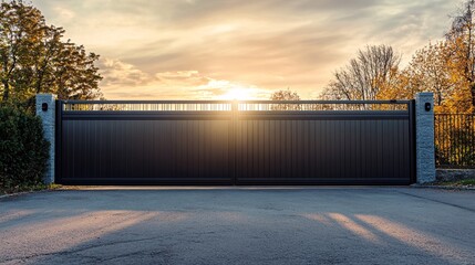 Poster - Modern automatic gate and intercom device closing for security at sunset