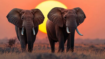 elephants family walks through the savannah against the backdrop of the orange sun.