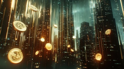 Poster - Gold coins are falling like rain on a futuristic city skyline at night, creating a stunning visual representation of financial abundance and prosperity in a digital world