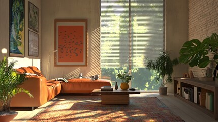 Poster - Modern living room decorated with plants bathed in sunlight