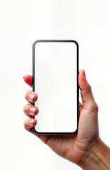 Leinwandbilder - Hand holding smartphone. Empty screen. Modern device. Blank display. Isolated. Versatile mockup. Useful for design presentations. Great for digital content. Tech illustration. Perfect for apps.