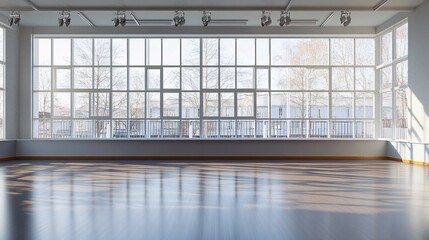 Wall Mural - Empty room with sunlight shining through large windows onto hardwood floor