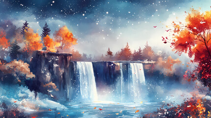 Autumn astronomy night, observing stars in a clear fall sky, celestial education, watercolor style. Heavenly Falls. Illustration