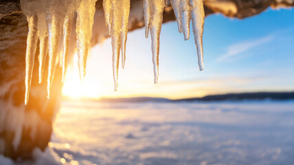 Wall Mural - glowing sharp icicles hanging from the edge of a snowy cliff catch the warm sunlight, overlooking a 