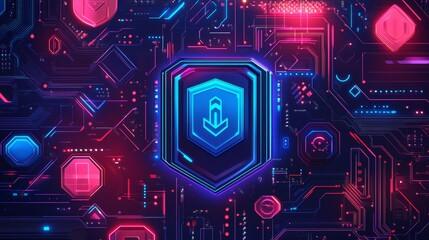 Poster - abstract technology circuit board background with shield symbols concept of data protection and cybe