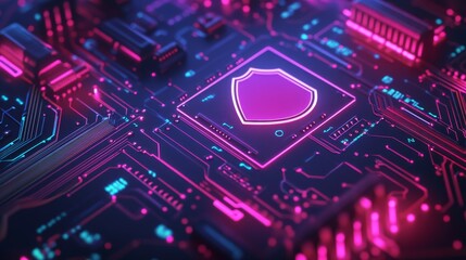 Poster - abstract technology circuit board background with shield symbols concept of data protection and cybe