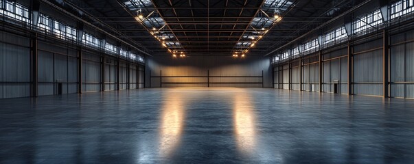 Poster - Empty warehouse interior with polished concrete floor reflecting light