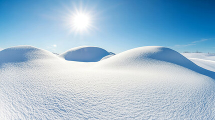 Wall Mural - fisheye lens capturing a wide minimalist winter scene featuring smooth snow-covered mounds under a b