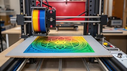 Aufkleber - A closeup of a 3D printer extruding filament layer by layer with a vibrant colored design emerging on the build plate amid an organized workshop environment.