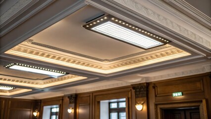 Aufkleber - A closeup image of energyefficient LED lighting embedded in the ceiling of a meeting room emphasizing how modern technology enhances the atmosphere and functionality of the