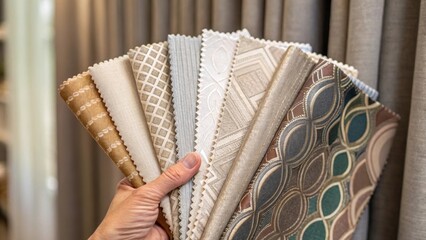 Aufkleber - A closeup of a designers hand holding fabric swatches for curtains showcasing various textures and colors with a focus on aesthetic choices for the room.
