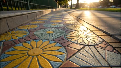 Poster - A closeup of a completed section of sidewalk with decorative tiles forming a sunburst pattern capturing the way light and shadows play across the surface.