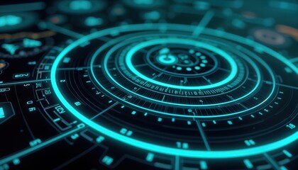 Fototapete - Futuristic tech interface glows with turquoise, cobalt light. Circular elements, glowing lines form modern digital design. Abstract pattern creates futuristic screen cyberspace backdrop. Dynamic