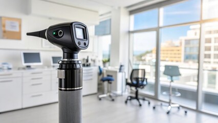 Poster - A closeup of advanced diagnostic equipment such as a digital otoscope set against a backdrop of a bright airy exam room highlighting technological advancement.