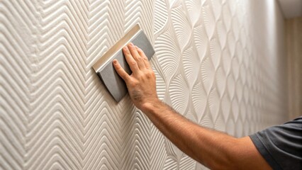 Aufkleber - A closeup of a hand smoothing out soundproofing wallpaper on a wall highlighting the texture of the material and the focused effort of the installer.